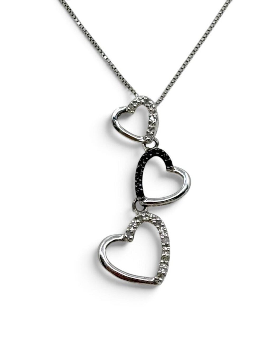 Sterling silver black & white diamond triple open heart pendant - GM241